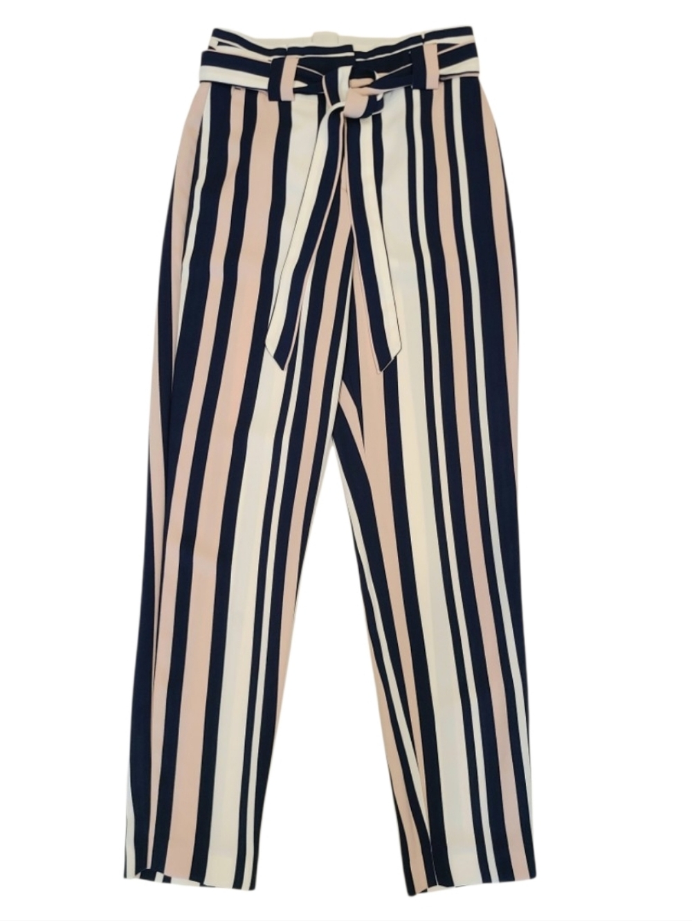 Express Ankle High Rise Striped Tie Waist Pants Navy Blush Pink White 00R